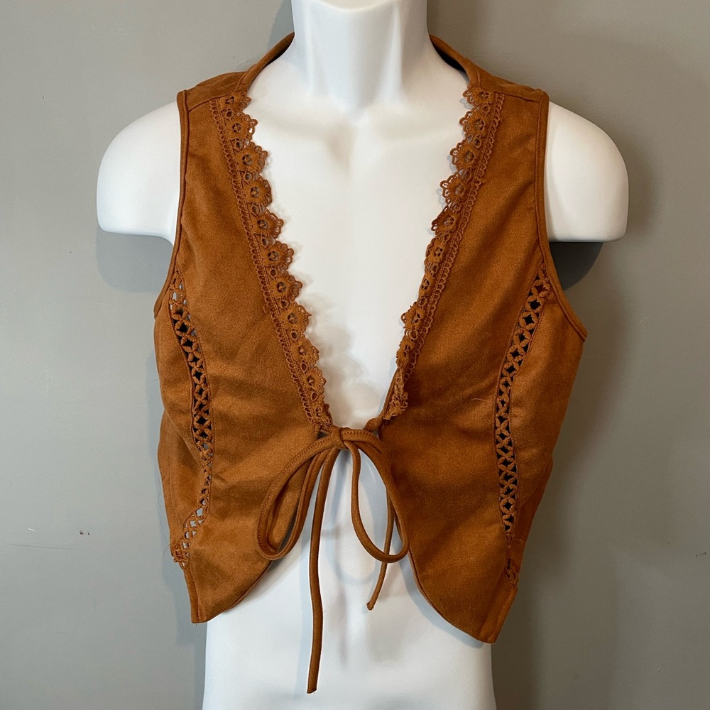 Lace Trimmed Brown Vest Top